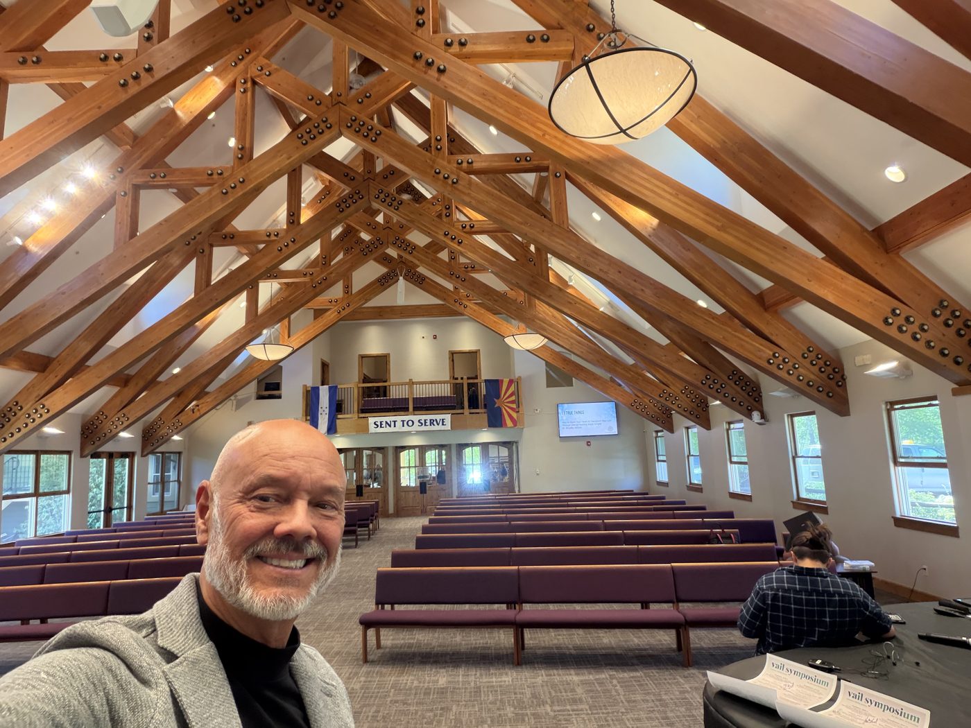 The timber-beam ceiling of the Vail Symposium venue in Avon, Colorado